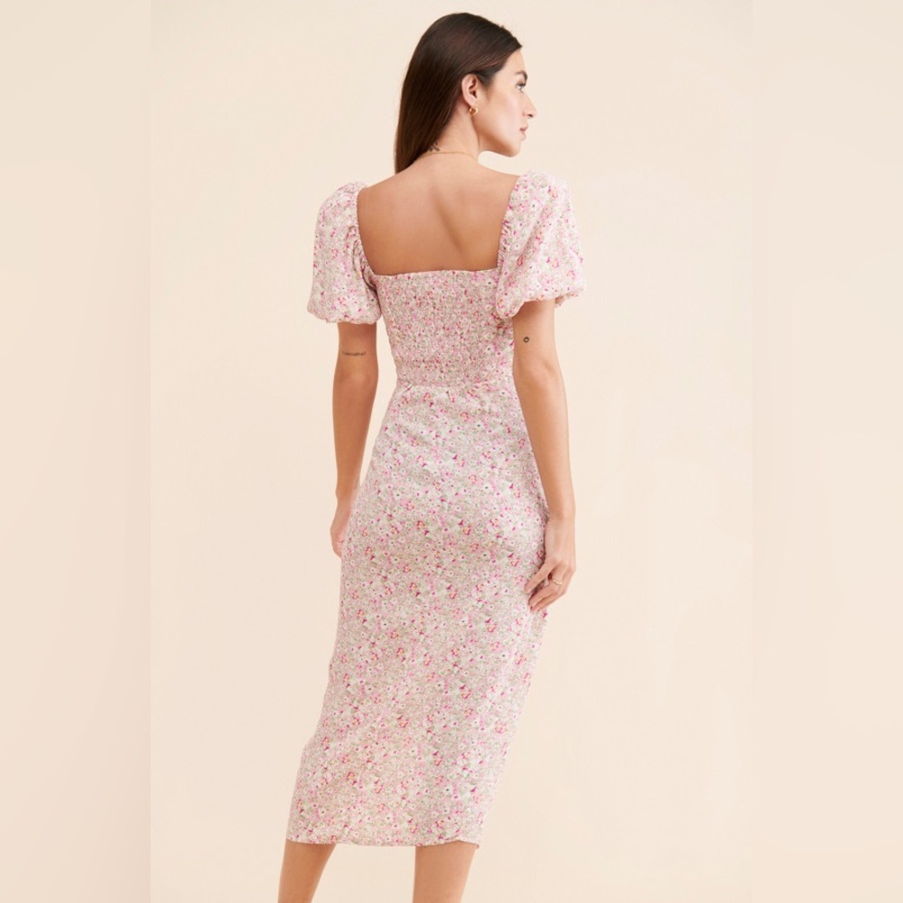 Astr Floral Puff Sleeves Ruched Slit Midi Dress Size M NWT - Picture 2 of 12